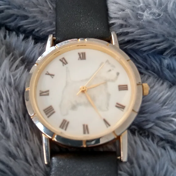 Accessories | Gold Dog Design Watch With Black Strap | Poshmark